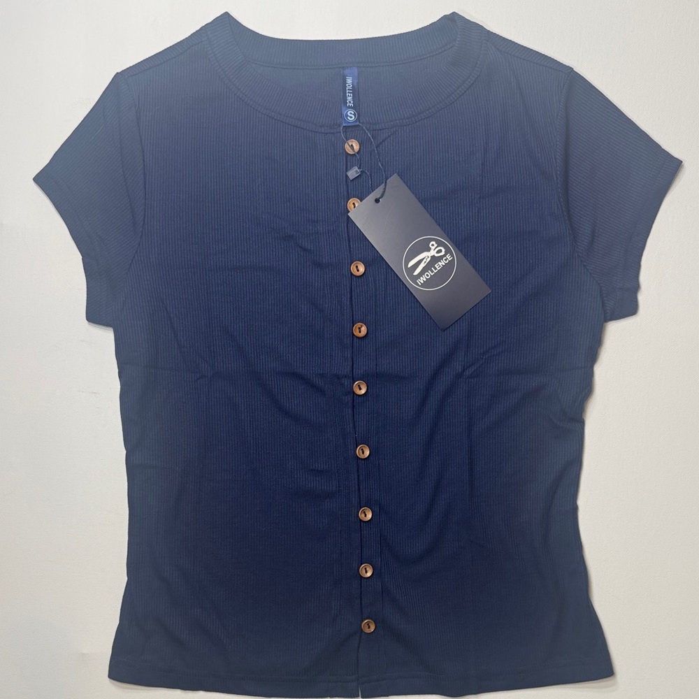 Woollance Navy Short-Sleeve Ribbed‎ Button-Front Top